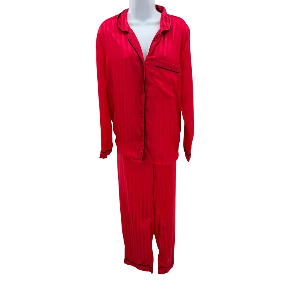 House of Harlow 1960 Red Satin Shadow Stripe Pajama Set Large Button Down Pants